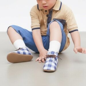 NEW Mon Petit Leather Blue White Checkered Shoes Size 8 Real Leather